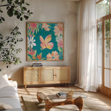 Flower Fun IV Dark by Mary Urban. Shown in a natural wood frame in a cozy modern living room. Available as an archival giclee rolled canvas, fine art paper, or poster print. SKU 82748a.
