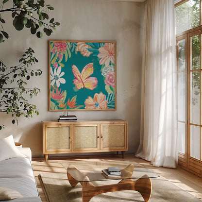 Flower Fun IV Dark by Mary Urban. Shown in a natural wood frame in a cozy modern living room. Available as an archival giclee rolled canvas, fine art paper, or poster print. SKU 82748a.