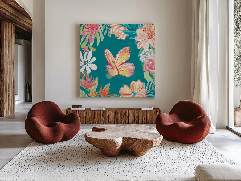 Flower Fun IV Dark by Mary Urban. Shown as extra-large giant wall art in a modern living room. Available as an archival giclee rolled canvas, fine art paper, or poster print. SKU 82748a.