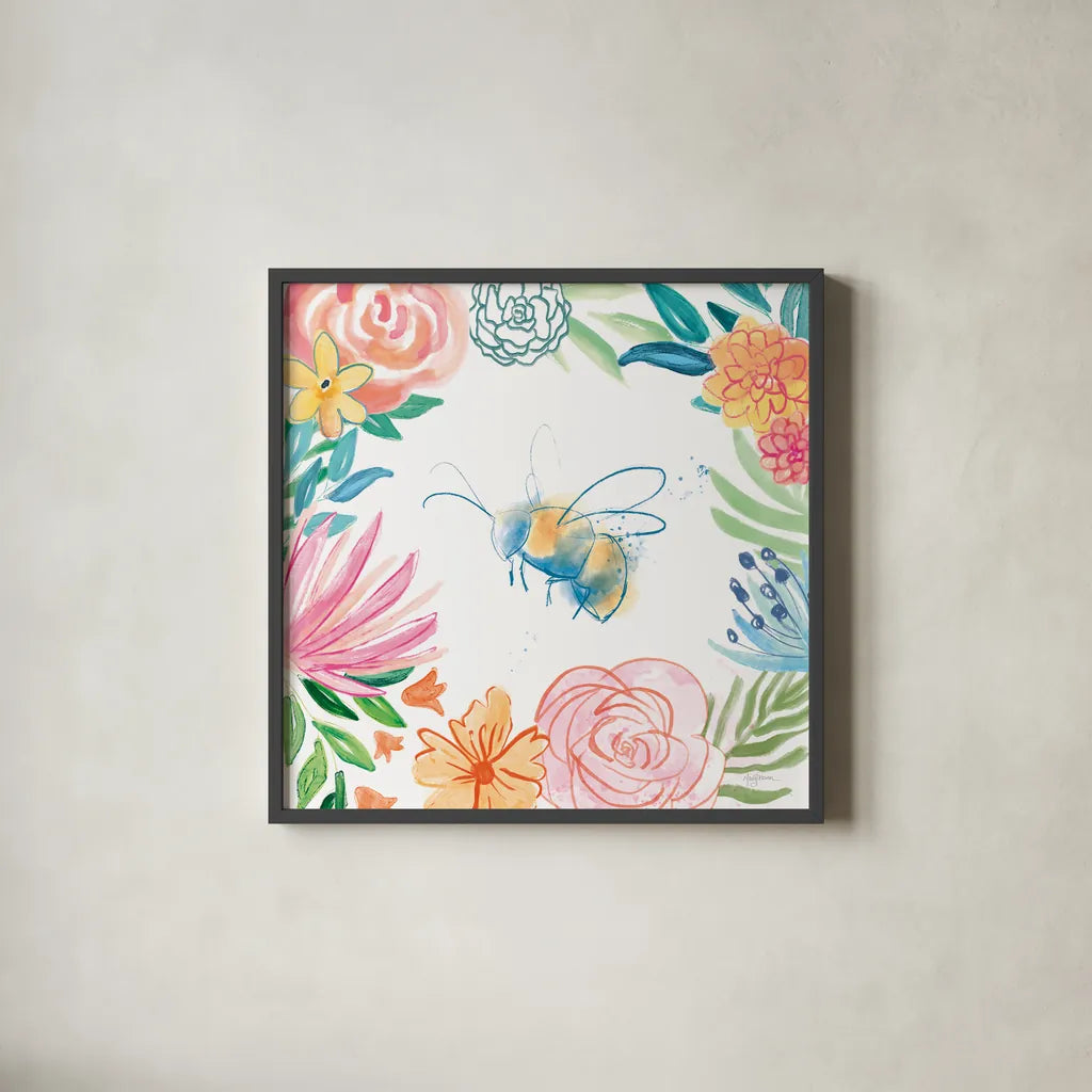 Flower Fun V by Mary Urban. Shown in a sleek black glass frame for a contemporary gallery look. Available as an archival giclee rolled canvas, fine art paper, or poster print. SKU 79605a.