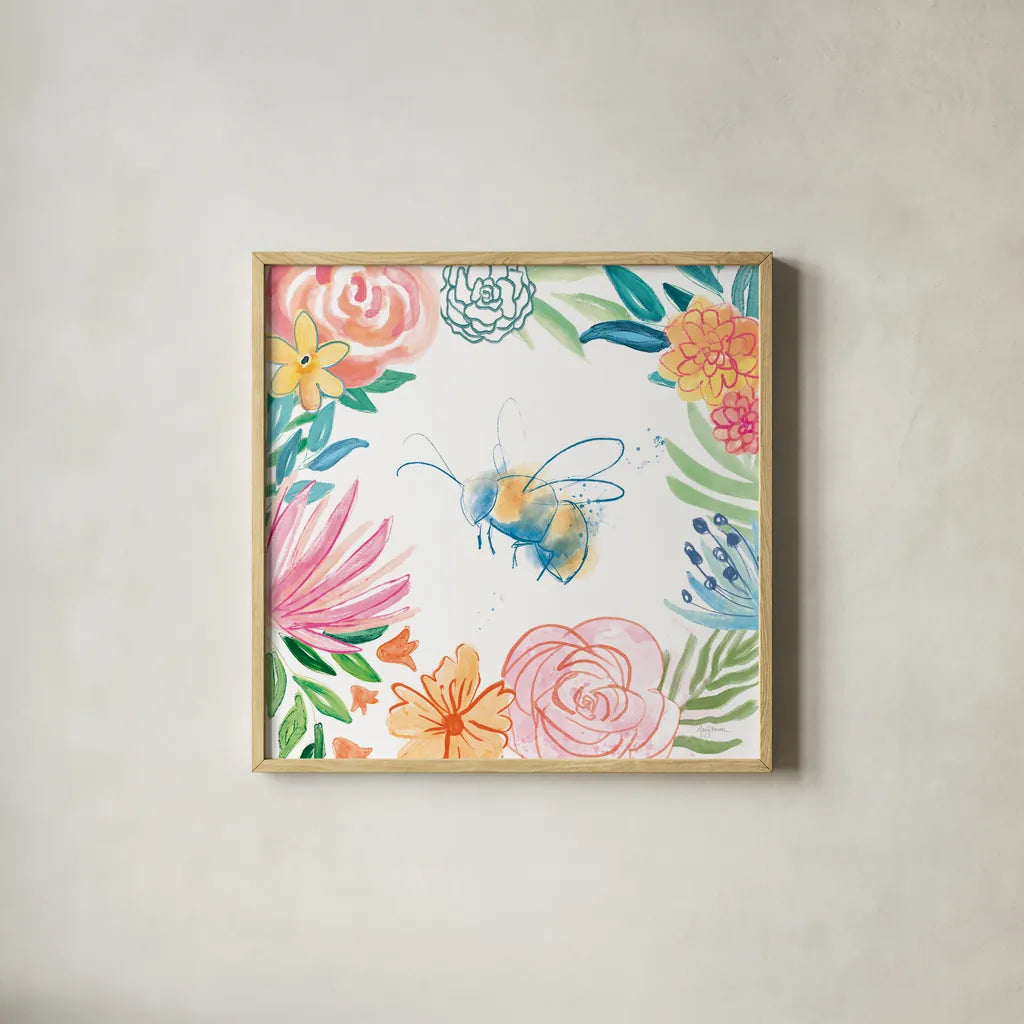 Flower Fun V by Mary Urban. Shown in a natural wood glass frame for a timeless modern aesthetic. Available as an archival giclee rolled canvas, fine art paper, or poster print. SKU 79605a.