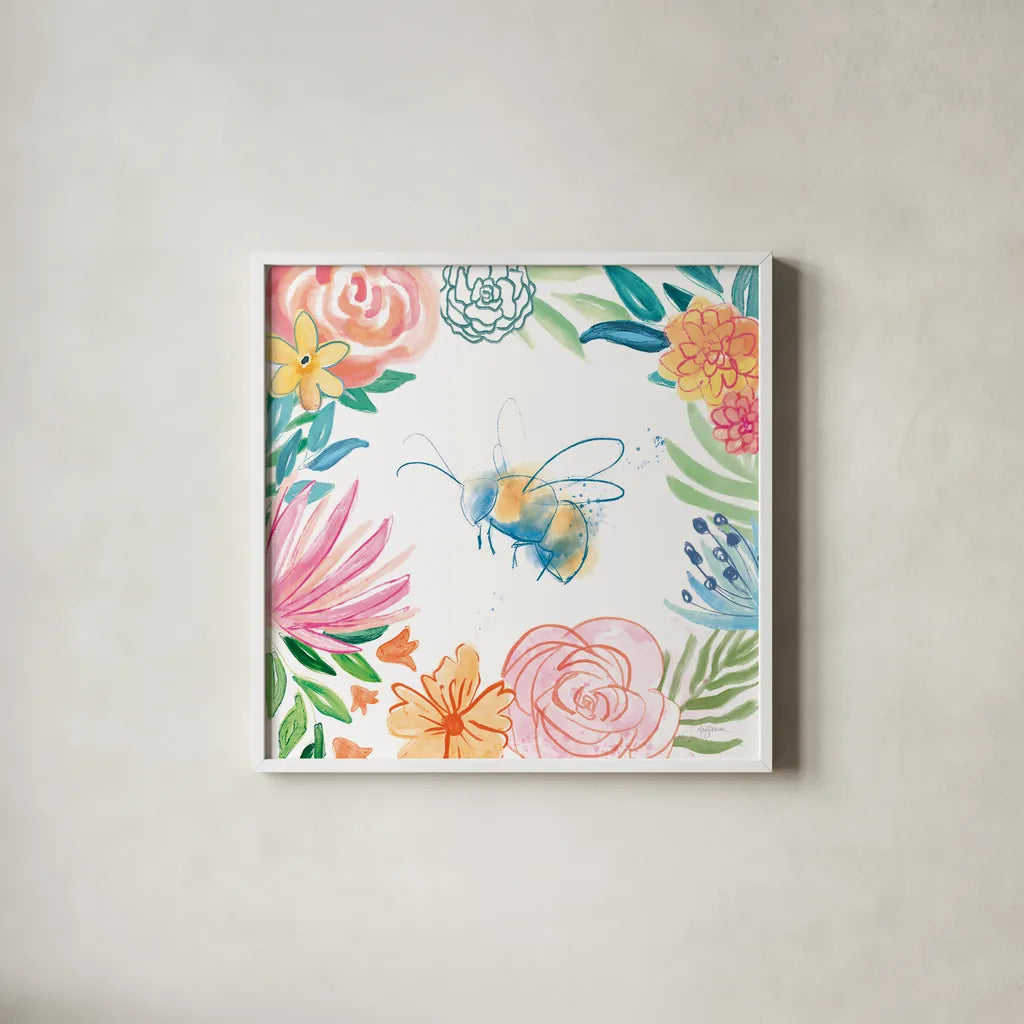 Flower Fun V by Mary Urban. Shown in a crisp white glass frame for a clean and minimalist style. Available as an archival giclee rolled canvas, fine art paper, or poster print. SKU 79605a.