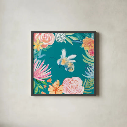 Flower Fun V Dark by Mary Urban. Shown in a sleek black glass frame for a contemporary gallery look. Available as an archival giclee rolled canvas, fine art paper, or poster print. SKU 82749a.