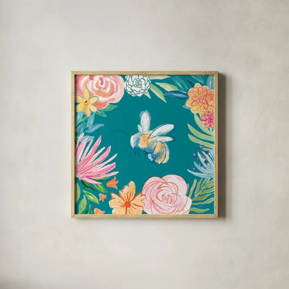 Flower Fun V Dark by Mary Urban. Shown in a natural wood glass frame for a timeless modern aesthetic. Available as an archival giclee rolled canvas, fine art paper, or poster print. SKU 82749a.