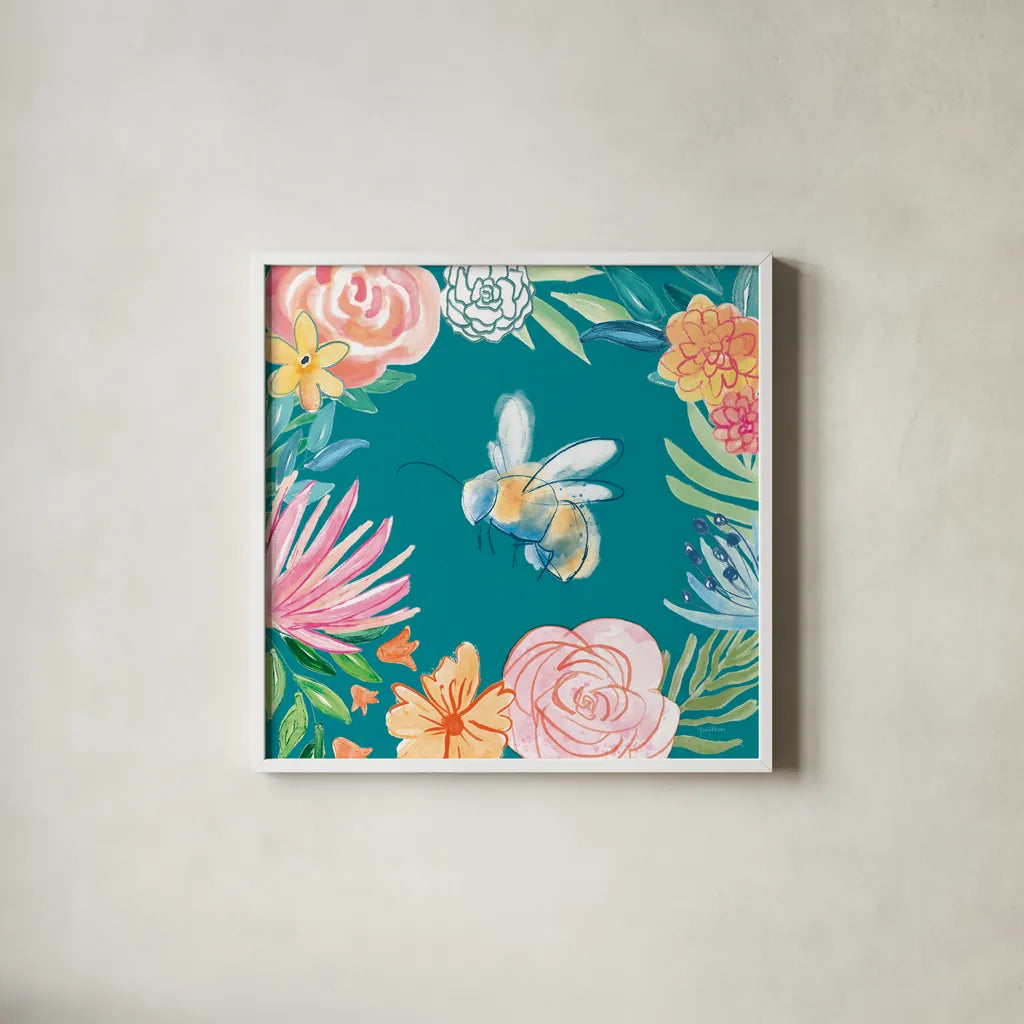 Flower Fun V Dark by Mary Urban. Shown in a crisp white glass frame for a clean and minimalist style. Available as an archival giclee rolled canvas, fine art paper, or poster print. SKU 82749a.