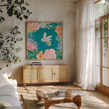 Flower Fun V Dark by Mary Urban. Shown in a natural wood frame in a cozy modern living room. Available as an archival giclee rolled canvas, fine art paper, or poster print. SKU 82749a.