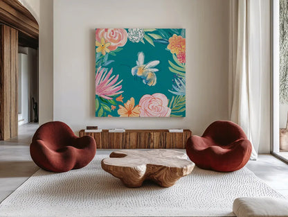 Flower Fun V Dark by Mary Urban. Shown as extra-large giant wall art in a modern living room. Available as an archival giclee rolled canvas, fine art paper, or poster print. SKU 82749a.