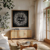 Frosty Cheer by Mary Urban. Shown in a natural wood frame in a cozy modern living room. Available as an archival giclee rolled canvas, fine art paper, or poster print. SKU 29180a.
