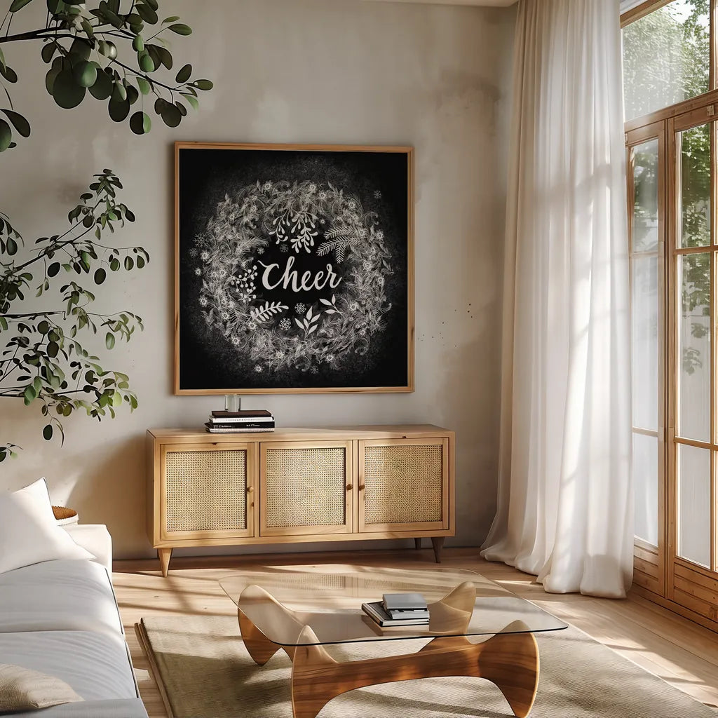 Frosty Cheer by Mary Urban. Shown in a natural wood frame in a cozy modern living room. Available as an archival giclee rolled canvas, fine art paper, or poster print. SKU 29180a.