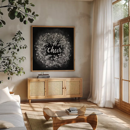 Frosty Cheer by Mary Urban. Shown in a natural wood frame in a cozy modern living room. Available as an archival giclee rolled canvas, fine art paper, or poster print. SKU 29180a.