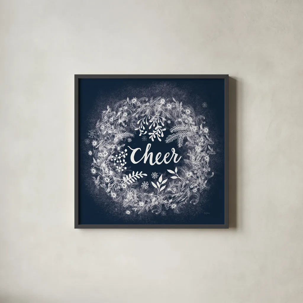 Frosty Cheer Blue by Mary Urban. Shown in a sleek black glass frame for a contemporary gallery look. Available as an archival giclee rolled canvas, fine art paper, or poster print. SKU 65295a.