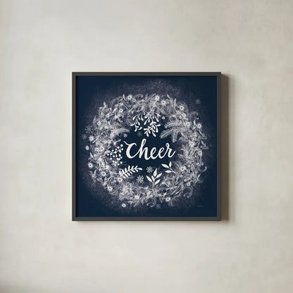 Frosty Cheer Blue by Mary Urban. Shown in a sleek black glass frame for a contemporary gallery look. Available as an archival giclee rolled canvas, fine art paper, or poster print. SKU 65295a.