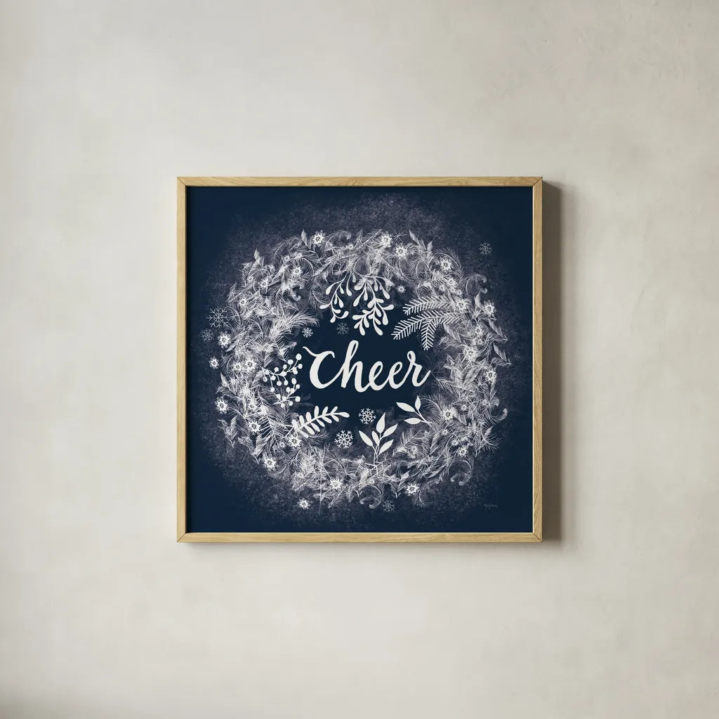 Frosty Cheer Blue by Mary Urban. Shown in a natural wood glass frame for a timeless modern aesthetic. Available as an archival giclee rolled canvas, fine art paper, or poster print. SKU 65295a.