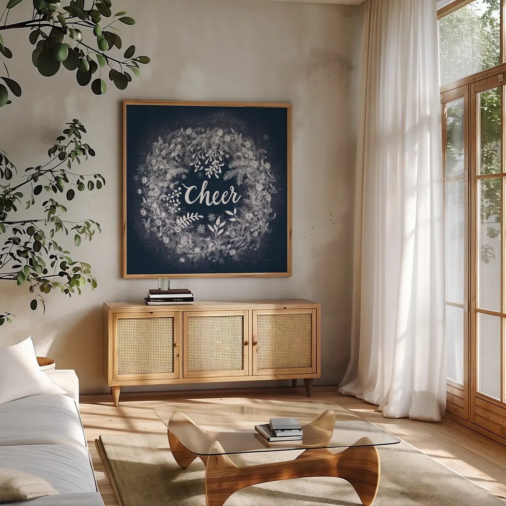 Frosty Cheer Blue by Mary Urban. Shown in a natural wood frame in a cozy modern living room. Available as an archival giclee rolled canvas, fine art paper, or poster print. SKU 65295a.