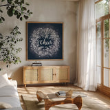 Frosty Cheer Blue by Mary Urban. Shown in a natural wood frame in a cozy modern living room. Available as an archival giclee rolled canvas, fine art paper, or poster print. SKU 65295a.
