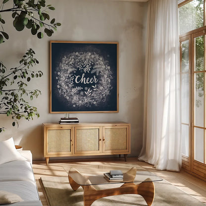 Frosty Cheer Blue by Mary Urban. Shown in a natural wood frame in a cozy modern living room. Available as an archival giclee rolled canvas, fine art paper, or poster print. SKU 65295a.