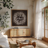 Frosty Cheer Brown by Mary Urban. Shown in a natural wood frame in a cozy modern living room. Available as an archival giclee rolled canvas, fine art paper, or poster print. SKU 57728a.