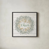 Frosty Cheer Sage by Mary Urban. Shown in a sleek black glass frame for a contemporary gallery look. Available as an archival giclee rolled canvas, fine art paper, or poster print. SKU 74465a.