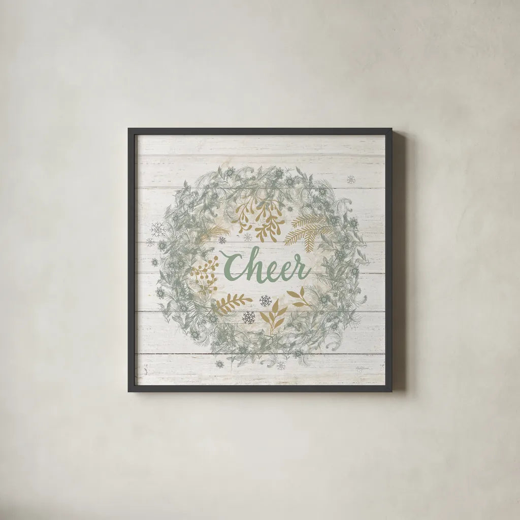 Frosty Cheer Sage by Mary Urban. Shown in a sleek black glass frame for a contemporary gallery look. Available as an archival giclee rolled canvas, fine art paper, or poster print. SKU 74465a.