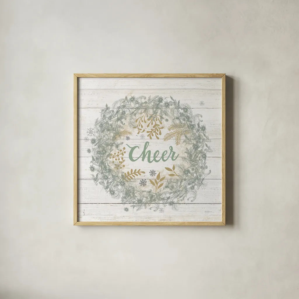 Frosty Cheer Sage by Mary Urban. Shown in a natural wood glass frame for a timeless modern aesthetic. Available as an archival giclee rolled canvas, fine art paper, or poster print. SKU 74465a.