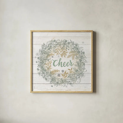 Frosty Cheer Sage by Mary Urban. Shown in a natural wood glass frame for a timeless modern aesthetic. Available as an archival giclee rolled canvas, fine art paper, or poster print. SKU 74465a.