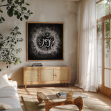 Frosty Joy by Mary Urban. Shown in a natural wood frame in a cozy modern living room. Available as an archival giclee rolled canvas, fine art paper, or poster print. SKU 28330a.
