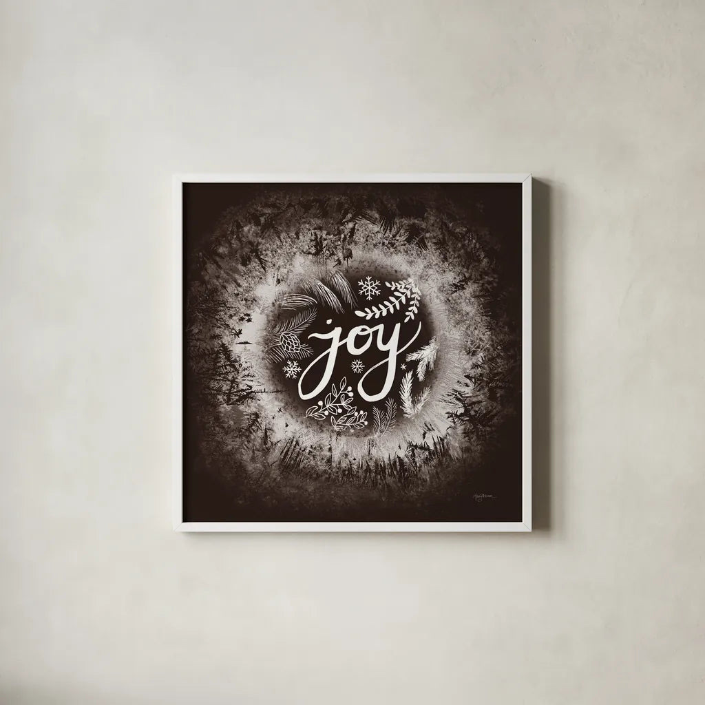 Frosty Joy Brown by Mary Urban. Shown in a crisp white glass frame for a clean and minimalist style. Available as an archival giclee rolled canvas, fine art paper, or poster print. SKU 57729a.