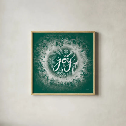 Frosty Joy Green by Mary Urban. Shown in a natural wood glass frame for a timeless modern aesthetic. Available as an archival giclee rolled canvas, fine art paper, or poster print. SKU 65296a.