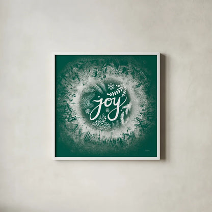 Frosty Joy Green by Mary Urban. Shown in a crisp white glass frame for a clean and minimalist style. Available as an archival giclee rolled canvas, fine art paper, or poster print. SKU 65296a.