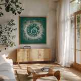 Frosty Joy Green by Mary Urban. Shown in a natural wood frame in a cozy modern living room. Available as an archival giclee rolled canvas, fine art paper, or poster print. SKU 65296a.