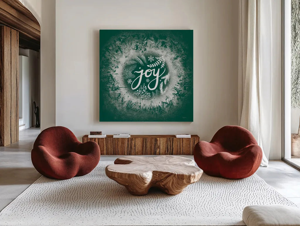 Frosty Joy Green by Mary Urban. Shown as extra-large giant wall art in a modern living room. Available as an archival giclee rolled canvas, fine art paper, or poster print. SKU 65296a.