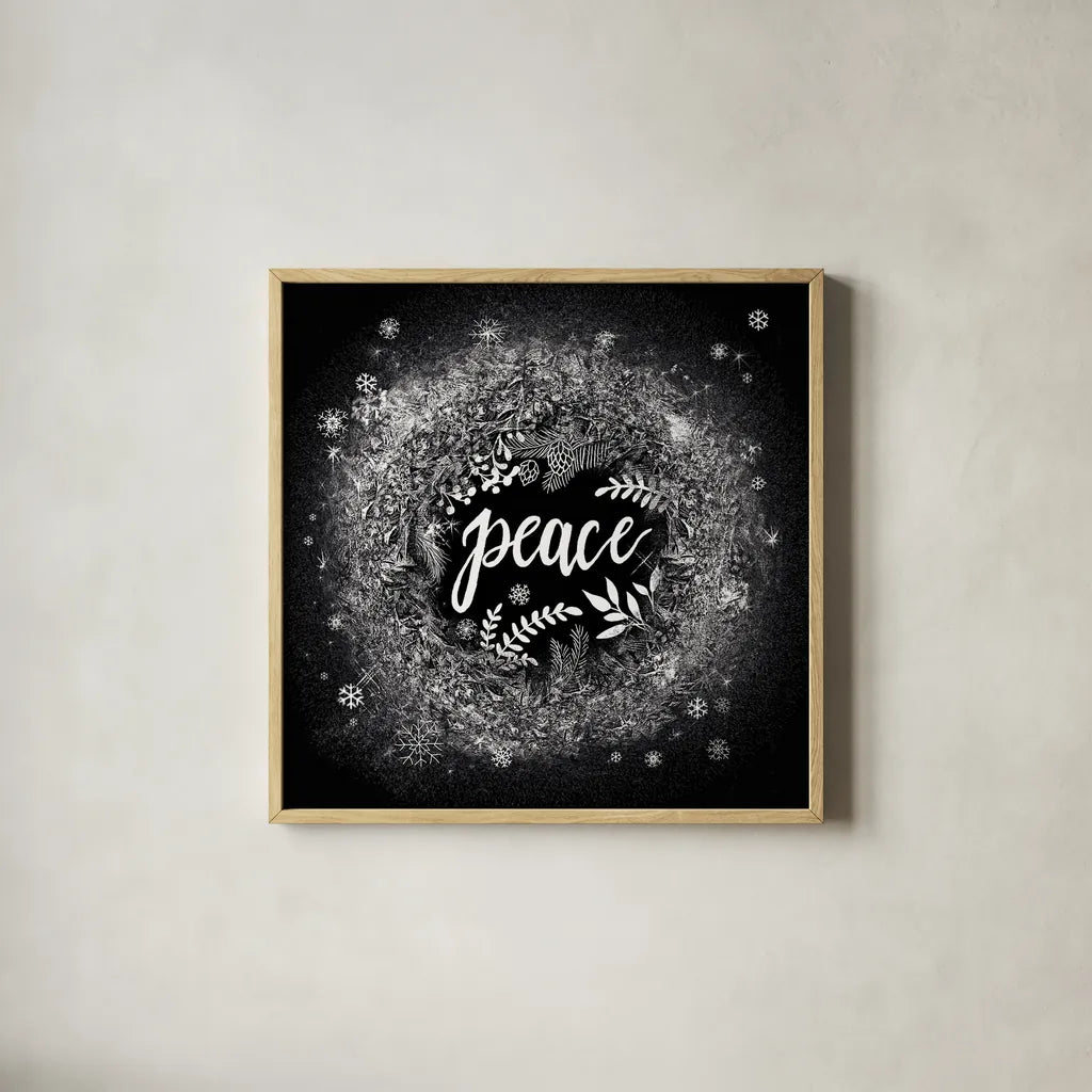 Frosty Peace by Mary Urban. Shown in a natural wood glass frame for a timeless modern aesthetic. Available as an archival giclee rolled canvas, fine art paper, or poster print. SKU 29179a.