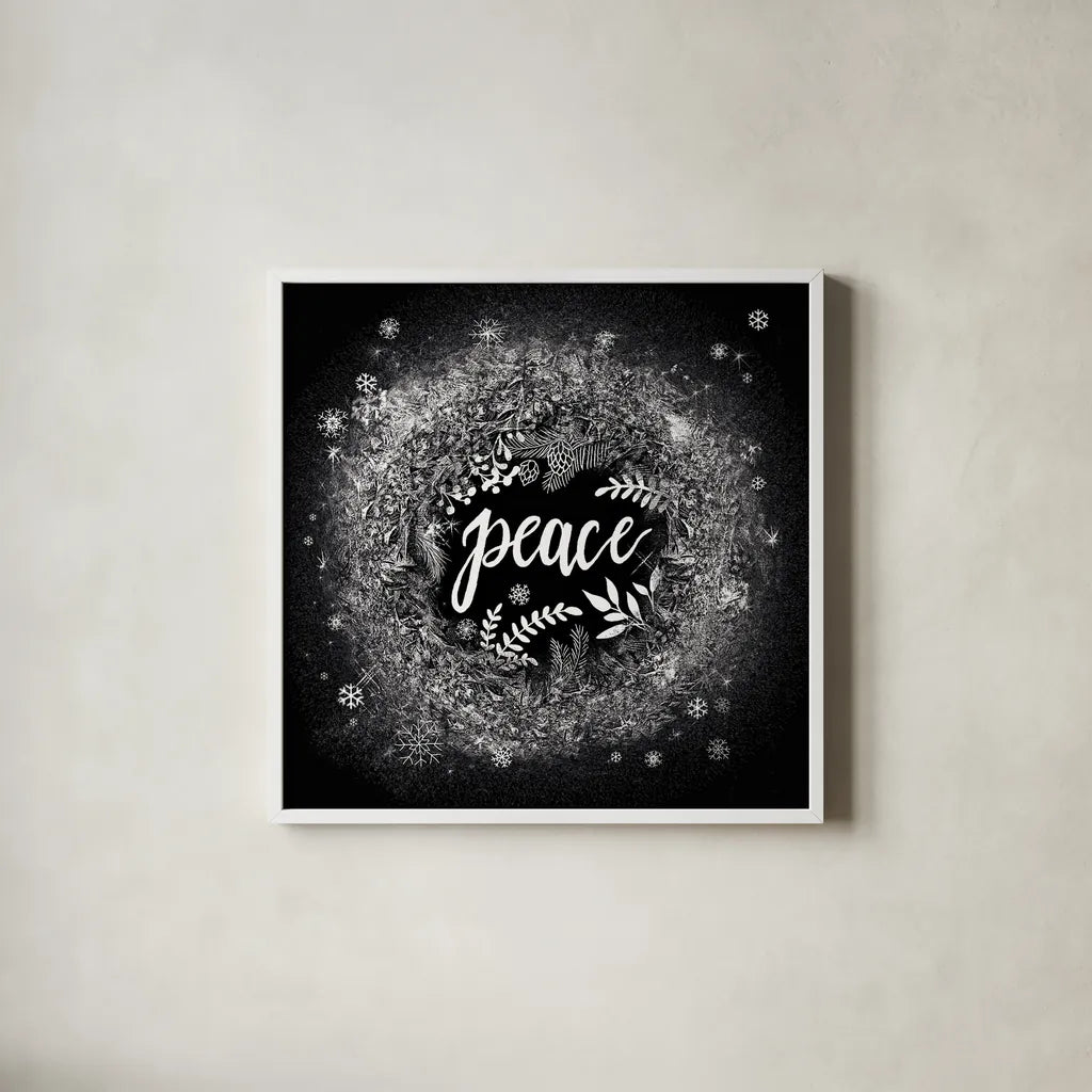 Frosty Peace by Mary Urban. Shown in a crisp white glass frame for a clean and minimalist style. Available as an archival giclee rolled canvas, fine art paper, or poster print. SKU 29179a.