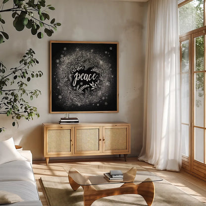 Frosty Peace by Mary Urban. Shown in a natural wood frame in a cozy modern living room. Available as an archival giclee rolled canvas, fine art paper, or poster print. SKU 29179a.