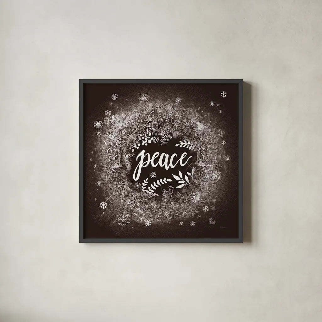 Frosty Peace Brown by Mary Urban. Shown in a sleek black glass frame for a contemporary gallery look. Available as an archival giclee rolled canvas, fine art paper, or poster print. SKU 57727a.