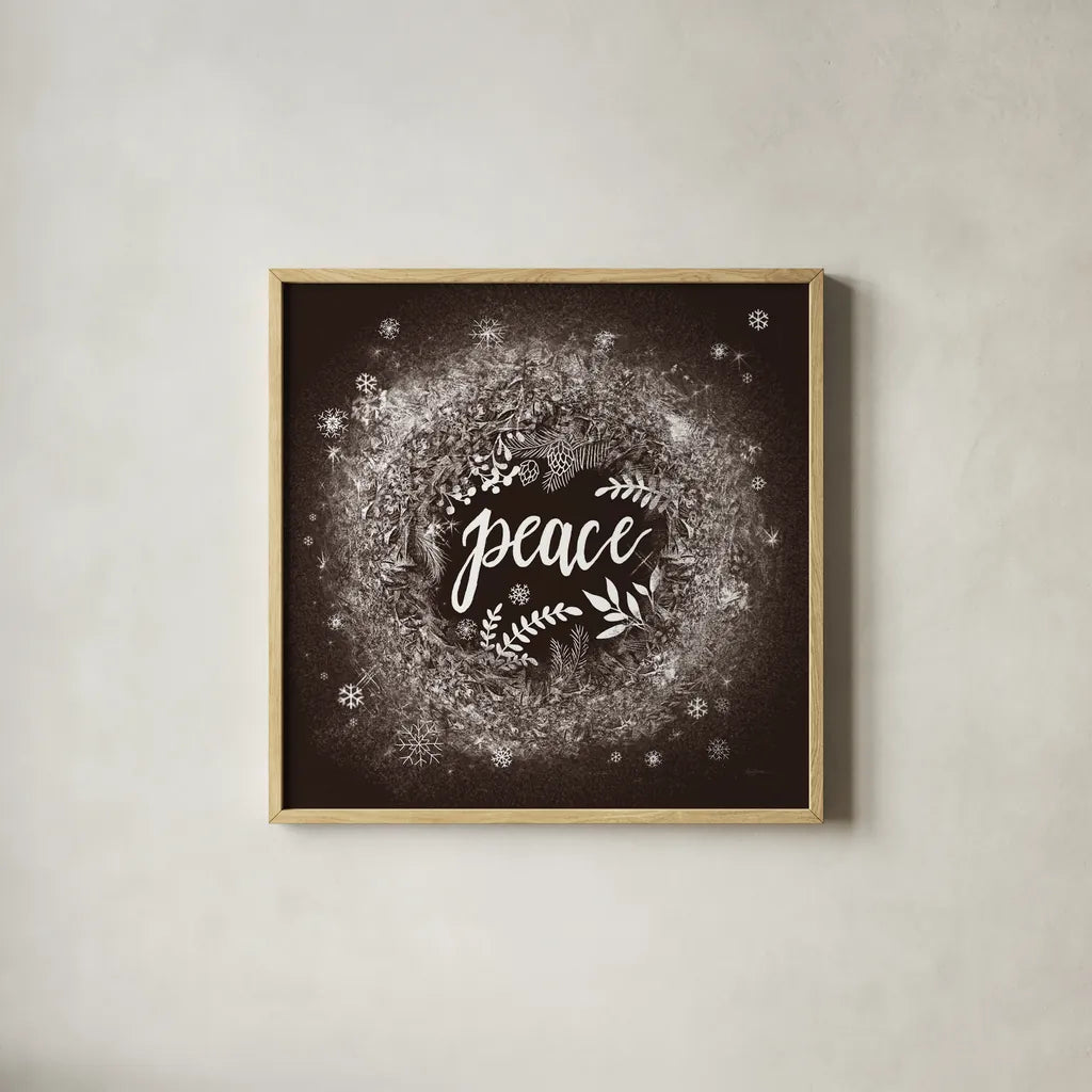 Frosty Peace Brown by Mary Urban. Shown in a natural wood glass frame for a timeless modern aesthetic. Available as an archival giclee rolled canvas, fine art paper, or poster print. SKU 57727a.