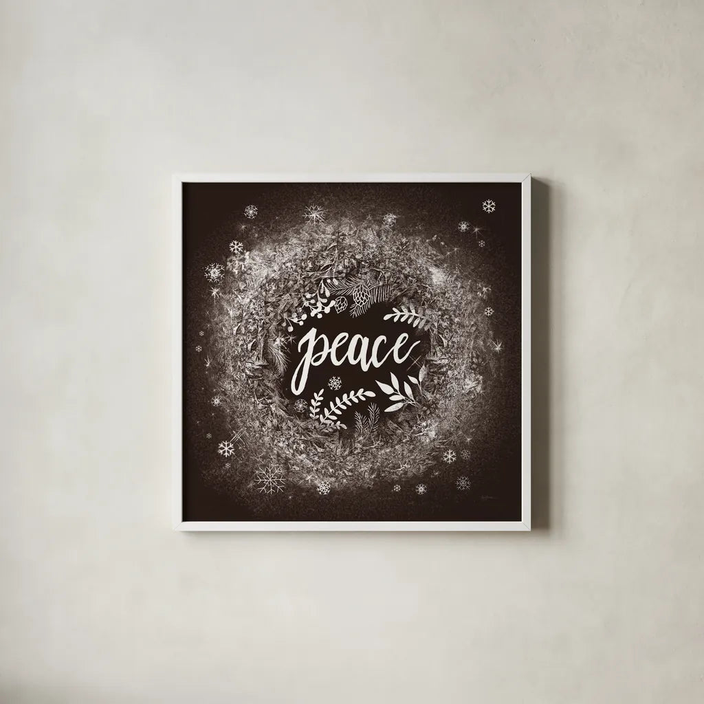 Frosty Peace Brown by Mary Urban. Shown in a crisp white glass frame for a clean and minimalist style. Available as an archival giclee rolled canvas, fine art paper, or poster print. SKU 57727a.