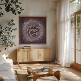 Frosty Peace Plum by Mary Urban. Shown in a natural wood frame in a cozy modern living room. Available as an archival giclee rolled canvas, fine art paper, or poster print. SKU 65297a.