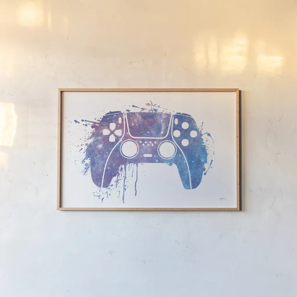 Gamer Splash II by Mary Urban. shown as a paper print in a natural frame. Available as a archival giclee rolled canvas, fine art paper, or poster print. SKU 83972i.