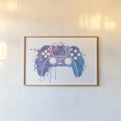 Gamer Splash II by Mary Urban. shown as a paper print in a natural frame. Available as a archival giclee rolled canvas, fine art paper, or poster print. SKU 83972i.