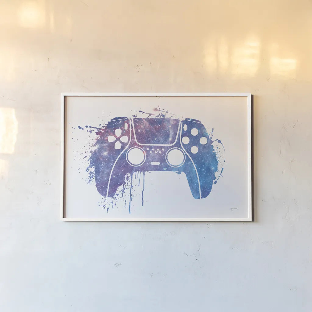 Gamer Splash II by Mary Urban. shown as a paper print in a white frame. Available as a archival giclee rolled canvas, fine art paper, or poster print. SKU 83972i.