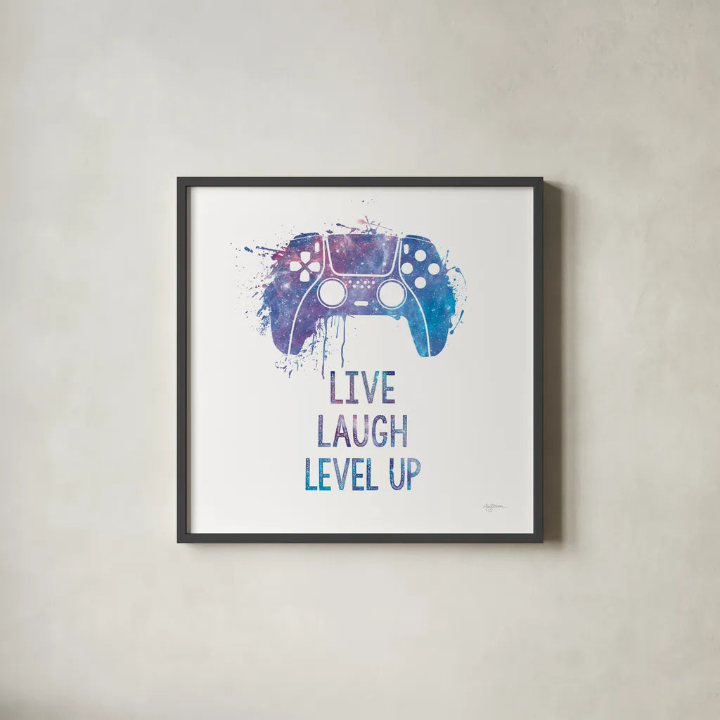Gamer Splash II Live Sq by Mary Urban. Shown in a sleek black glass frame for a contemporary gallery look. Available as an archival giclee rolled canvas, fine art paper, or poster print. SKU 86625a.