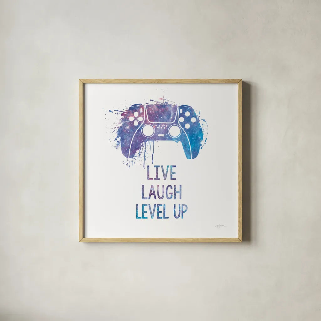 Gamer Splash II Live Sq by Mary Urban. Shown in a natural wood glass frame for a timeless modern aesthetic. Available as an archival giclee rolled canvas, fine art paper, or poster print. SKU 86625a.