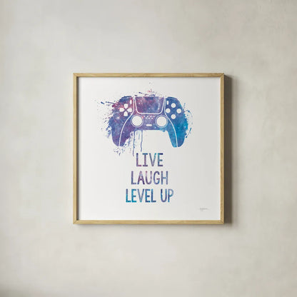 Gamer Splash II Live Sq by Mary Urban. Shown in a natural wood glass frame for a timeless modern aesthetic. Available as an archival giclee rolled canvas, fine art paper, or poster print. SKU 86625a.