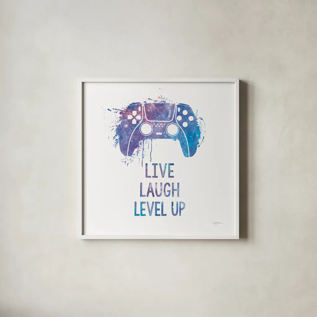 Gamer Splash II Live Sq by Mary Urban. Shown in a crisp white glass frame for a clean and minimalist style. Available as an archival giclee rolled canvas, fine art paper, or poster print. SKU 86625a.