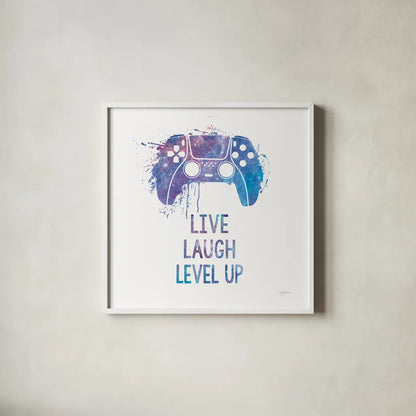 Gamer Splash II Live Sq by Mary Urban. Shown in a crisp white glass frame for a clean and minimalist style. Available as an archival giclee rolled canvas, fine art paper, or poster print. SKU 86625a.