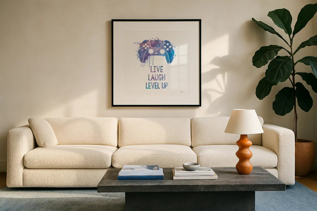 Gamer Splash II Live Sq by Mary Urban. Displayed in a glass frame with matte in a clean modern living room. Available as an archival giclee rolled canvas, fine art paper, or poster print. SKU 86625a.