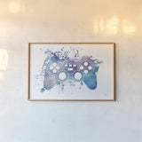 Gamer Splash III by Mary Urban. shown as a paper print in a natural frame. Available as a archival giclee rolled canvas, fine art paper, or poster print. SKU 83973i.