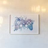 Gamer Splash III by Mary Urban. shown as a paper print in a white frame. Available as a archival giclee rolled canvas, fine art paper, or poster print. SKU 83973i.