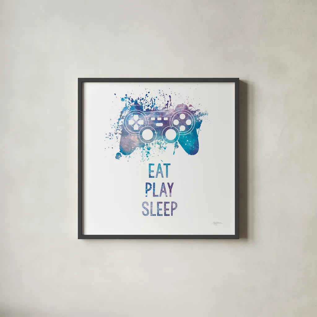 Gamer Splash III Play Sq by Mary Urban. Shown in a sleek black glass frame for a contemporary gallery look. Available as an archival giclee rolled canvas, fine art paper, or poster print. SKU 86626a.